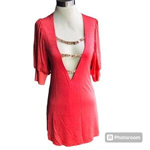 PLUNGING EMBELLISHED V-NECK SHORT DRESS SZ M